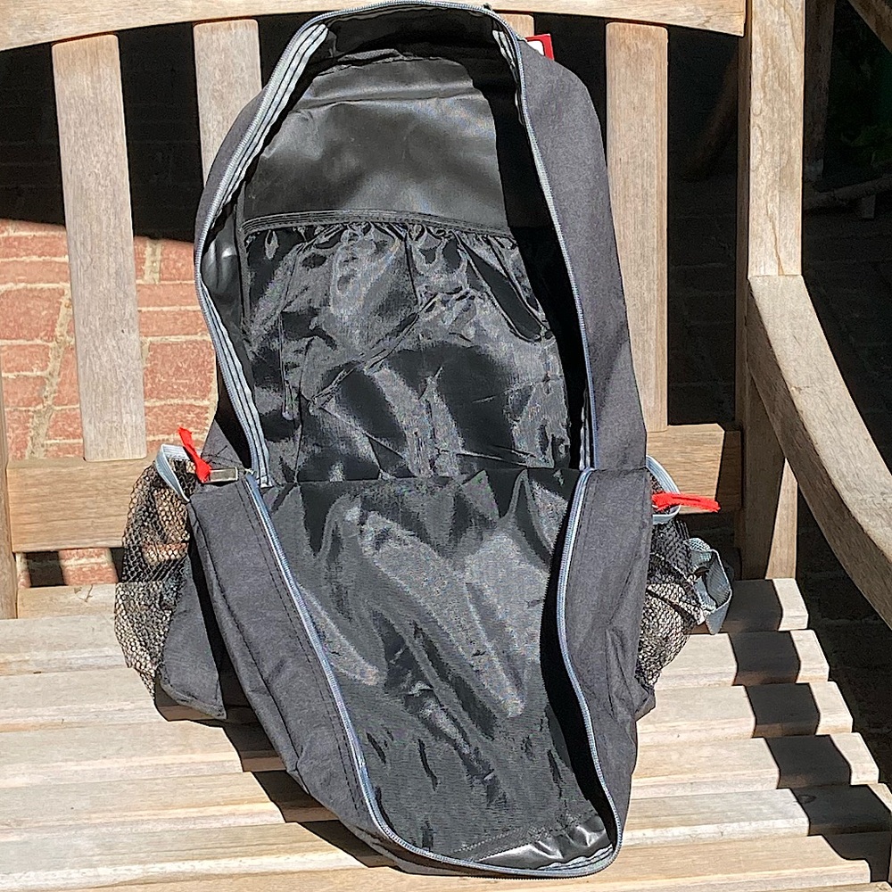 Black Backpack with Red Grey Trim Side Mesh Pockets Unisex New - Picture 6 of 9